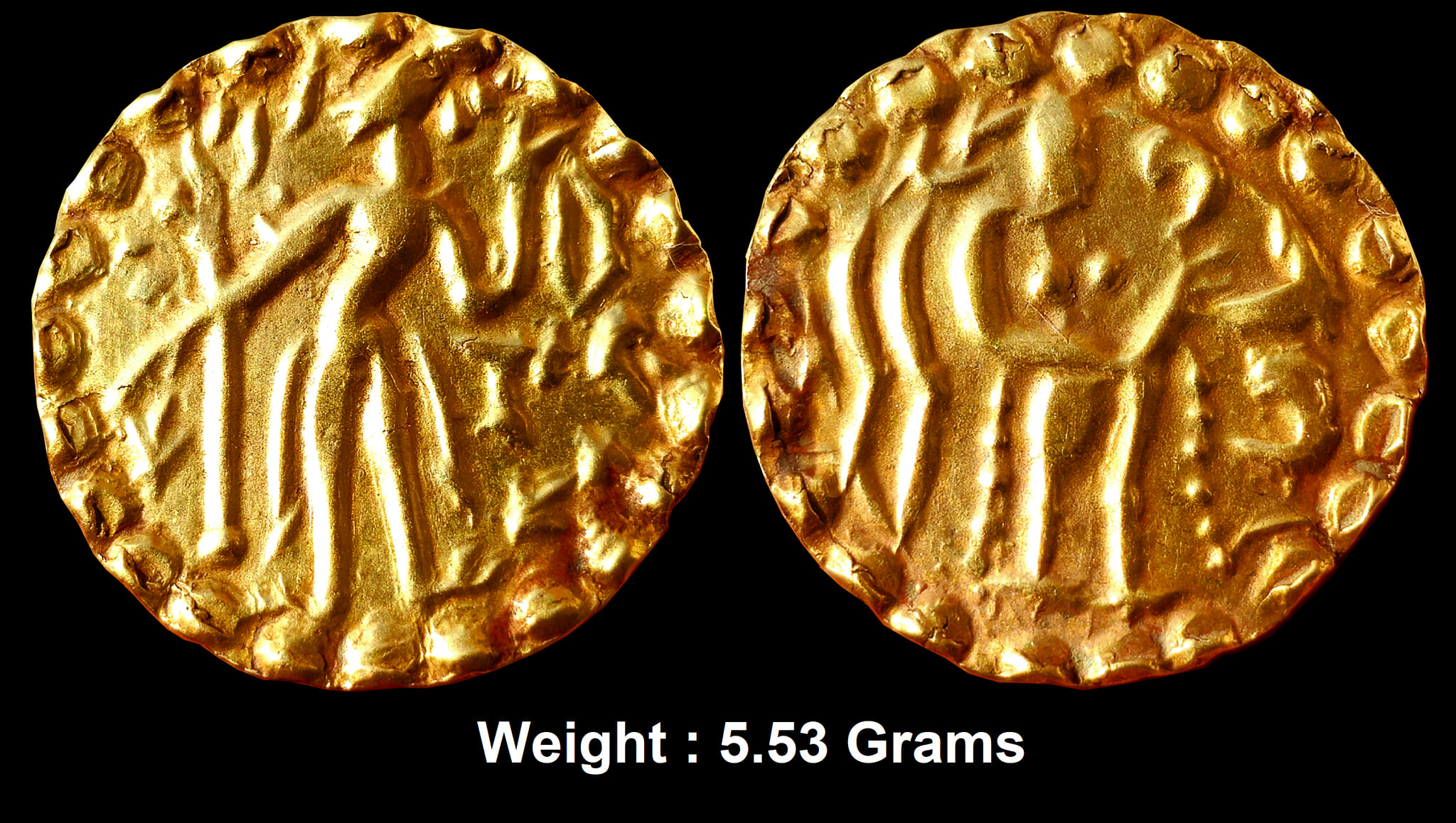 Samatata region, Gold coinage of the post-Gupta period - Gold dinar of Sridharana Rata of Rata dynasty (c. 664-675 AD), ECB SAM15.1, Weight : 5.53 Grams 
Obv: Stylised representation of a nimbate 'archer' type king, holding bow in one hand and arrow in the other, with a crudely executed 'Shankha' standard in the backdrop and Brahmi letter Shri to the left of the head; Brahmi letter Shri below the hand with bow. 
Rev: Stylised representation of goddess, facing right, making a gesture of reassurance, with curved lines (drapery?) behind her back; crude inscription to right.
Extremely fine, Very Rare