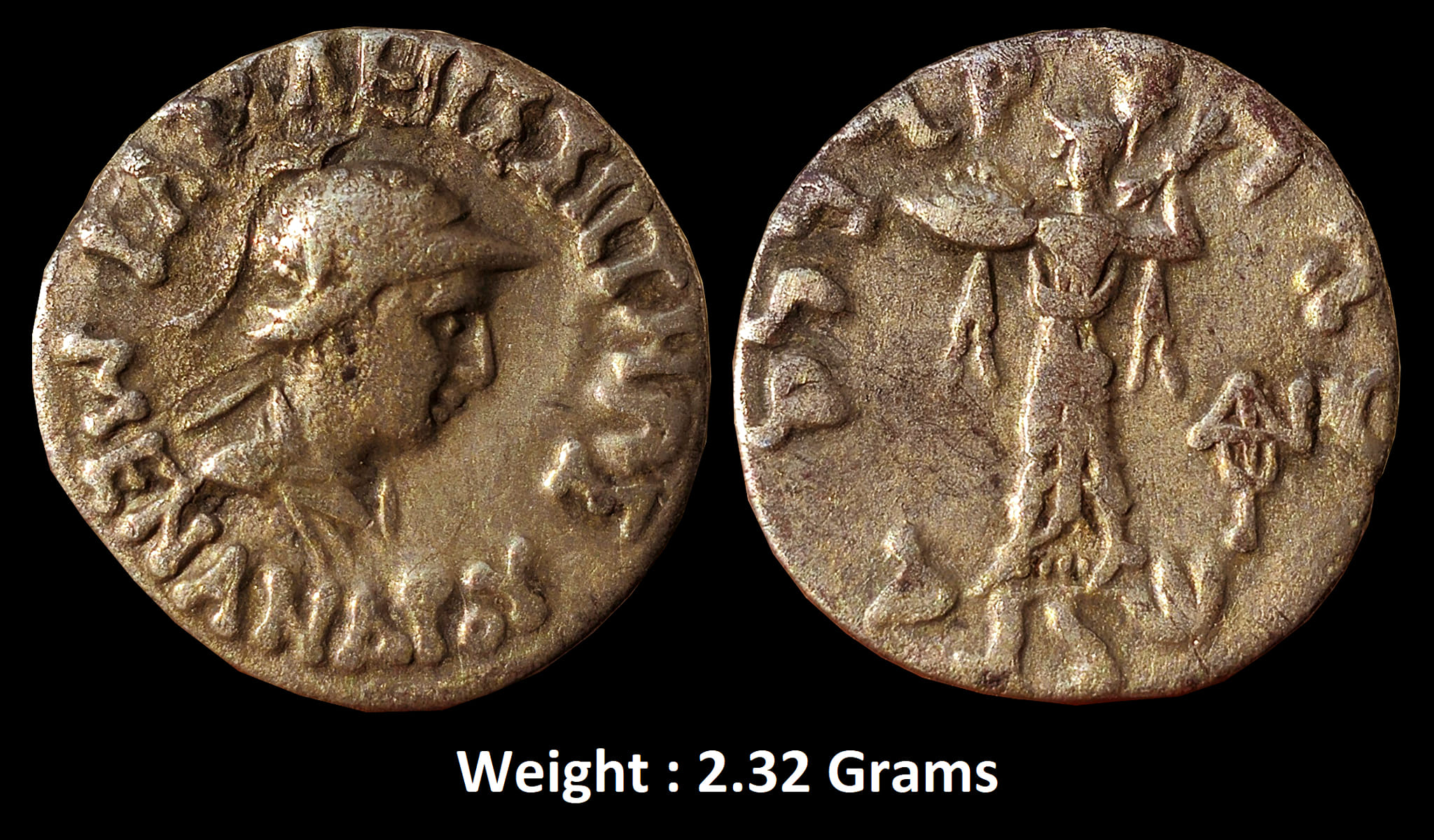 Ancient ; Indo-Greeks, Menander I, Silver Drachm,
Obv. helmeted bust of the king to right with Greek legend around,
Rev. Pallas standing left holding shield on raised right arm and hurling thunderbolt, with Kharoshti legend around, Control mark of Pushkalavati (Mitch ACW 1780).
About Very Fine, Rare.
Weight : 2.32 Grams