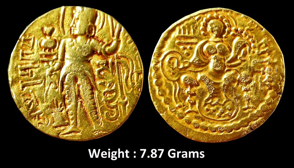 Ancient ; Samudragupta , Standard Type, 
Gold Dinar, Weight : 7.87 Grams 
Obv: King standing and holding a royal sceptre while sprinkling incense over an altar, Samudra in field right, Garuda standard with crescent above in field left. Legend around the flan edge in almost complete occurrence “Samara – sata –vitata – viajyo jita – ripurajito – divam jayati” – 'The invincible (king) who had won victories on a hundred battlefields and conquered the enemies, wins the heaven', 
Rev: Parakramah in field right, Lakshmi seated on high backed throne holding cornucopiae and riband.Very Fine+, Rare.