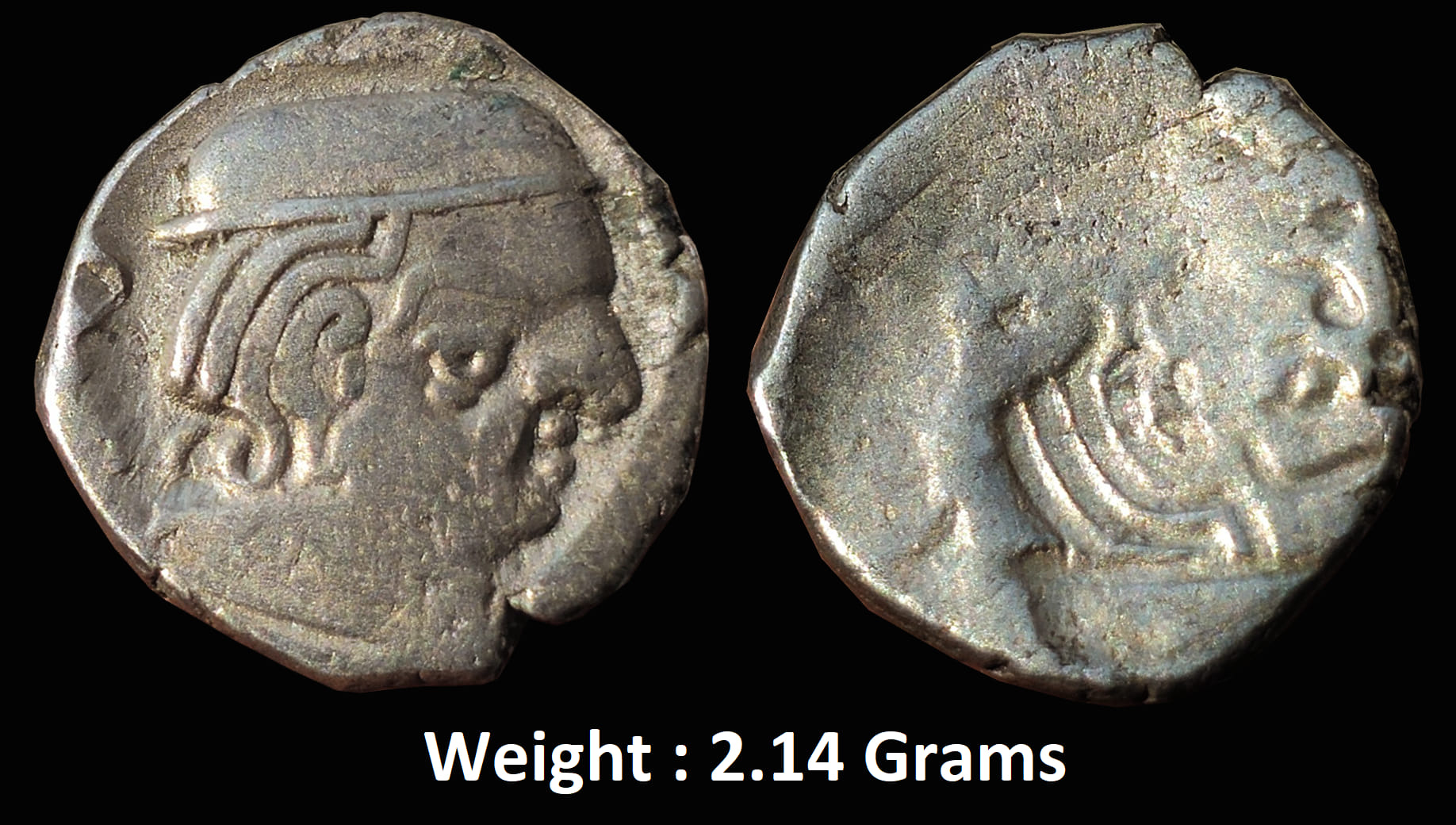 Ancient : Western Kshatrapas ; Kardamaka Family ; Silver Drachma Error Brockage complete Lakhi impression
Weight : 2.14 Grams